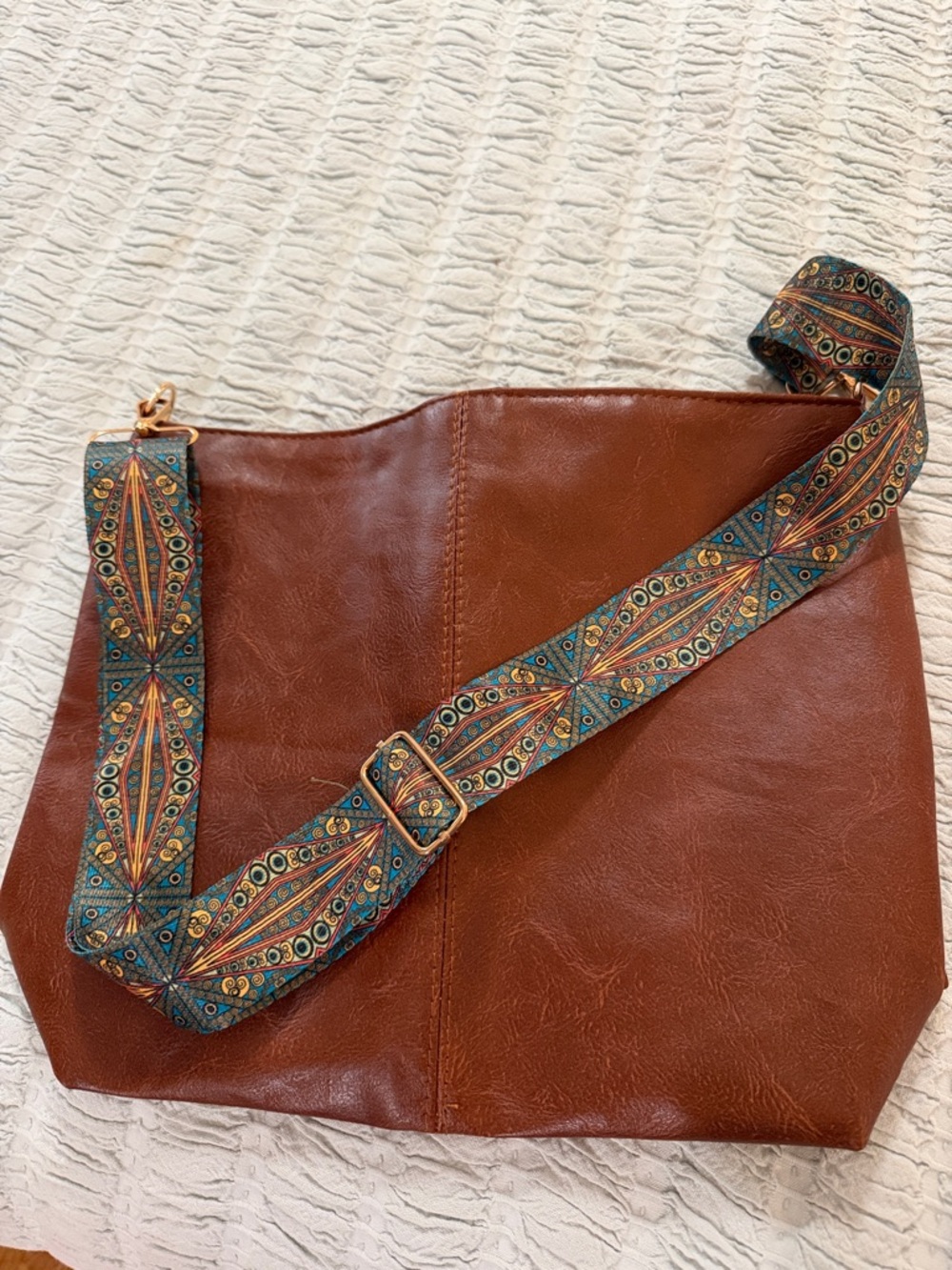 Brown Faux Leather Tote Bag with Patterned Adjustable Strap-NEW